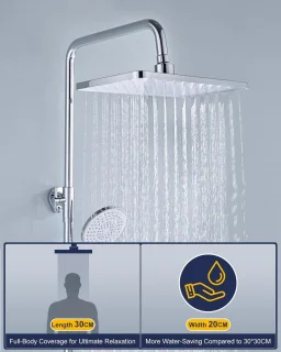 Regendouche Set met Vierkante Douchekop en Handdouche, Verstelbare Douchestang 65-102 cm