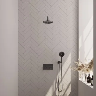 BRAUER Gunmetal Carving thermostatische inbouw regendouche met drukknoppen SET 57 met 20 cm douchekop en gebogen muurarm en 3-standen handdouche en doucheslang en wandaansluitbocht gunmetal geborsteld PVD