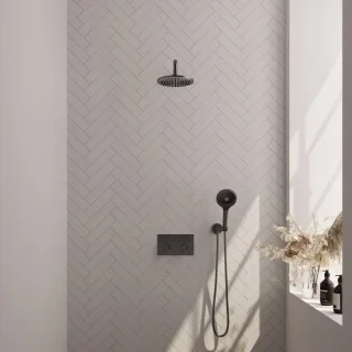 BRAUER Gunmetal Carving thermostatische inbouw regendouche met drukknoppen SET 57 met 20 cm douchekop en gebogen muurarm en 3-standen handdouche en doucheslang en wandaansluitbocht gunmetal geborsteld PVD