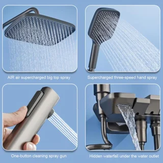 Buitendouche armatuur, opbouwdouche met handdouche, drie-functie regendouchekop met drukknop, zwart en goud-doucherek