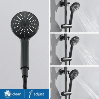 Zwart Douchesysteem met Thermostaat en Regendouche Hoofd – Hoogte Verstelbaar – Complete Set met Handdouche en 3 Straalsoorten
