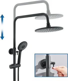 Zwart Douchesysteem met Thermostaat en Regendouche Hoofd – Hoogte Verstelbaar – Complete Set met Handdouche en 3 Straalsoorten