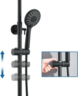 Zwart Douchesysteem met Thermostaat en Regendouche Hoofd – Hoogte Verstelbaar – Complete Set met Handdouche en 3 Straalsoorten