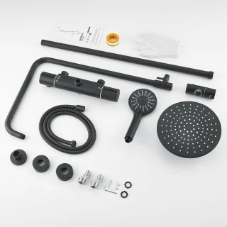 Zwart Douchesysteem met Thermostaat en Regendouche Hoofd – Hoogte Verstelbaar – Complete Set met Handdouche en 3 Straalsoorten