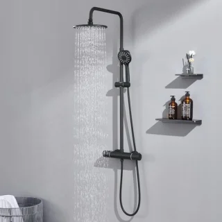 Zwart Douchesysteem met Thermostaat en Regendouche Hoofd – Hoogte Verstelbaar – Complete Set met Handdouche en 3 Straalsoorten