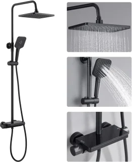 LEOHEO MAX Regendouche met Thermostaatkraan - Doucheset Zwart - Regendoucheset - Inclusief thermostaatkraan en planchet Zwart - 10 inch Douchekop