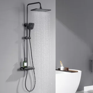 LEOHEO MAX Regendouche met Thermostaatkraan - Doucheset Zwart - Regendoucheset - Inclusief thermostaatkraan en planchet Zwart - 10 inch Douchekop