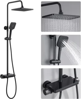 LEOHEO MAX Regendouche met Thermostaatkraan - Doucheset Zwart - Regendoucheset - Inclusief thermostaatkraan en planchet Zwart - 10 inch Douchekop