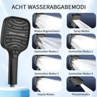 Douchekop met 8 straalmodi en waterbesparende technologie voor een luxe douche-ervaring