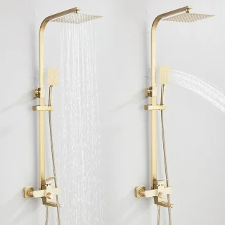 Paco Goederen® Regendoucheset - Complete doucheset - Handdouche - Goud geborsteld douchesysteem - m 3-in-1 met regenhanddouche - Draaibare uitloop Douche voor badkamer Badkuip Douchekraan