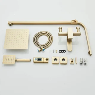 Paco Goederen® Regendoucheset - Complete doucheset - Handdouche - Goud geborsteld douchesysteem - m 3-in-1 met regenhanddouche - Draaibare uitloop Douche voor badkamer Badkuip Douchekraan