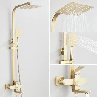Paco Goederen® Regendoucheset - Complete doucheset - Handdouche - Goud geborsteld douchesysteem - m 3-in-1 met regenhanddouche - Draaibare uitloop Douche voor badkamer Badkuip Douchekraan