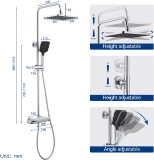 Lonheo max Regendouche met Thermostaatkraan - Douchesysteem Thermostaat Met planchet Chroom - Doucheset met 3-functie Douchekop - 1250mm