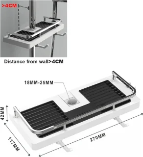 QPFO® doucheplank zonder boren met 4 haken en 2 houders - wit telescopisch doucherek voor stangen 20 mm tot 25 mm