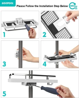 QPFO® doucheplank zonder boren met 4 haken en 2 houders - wit telescopisch doucherek voor stangen 20 mm tot 25 mm