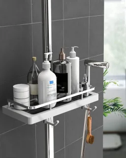 QPFO® doucheplank zonder boren met 4 haken en 2 houders - wit telescopisch doucherek voor stangen 20 mm tot 25 mm