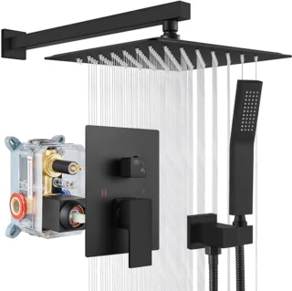 Regendouche Systeem Mat Zwart 12 Inch Douchekop met Handdouche Complete Set voor Wandmontage