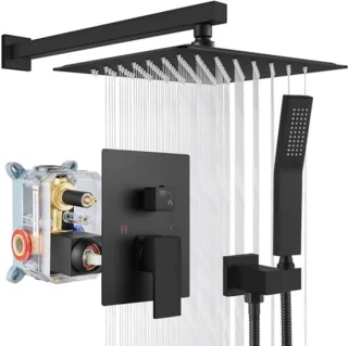 Regendouche Systeem Mat Zwart 12 Inch Douchekop met Handdouche Complete Set voor Wandmontage