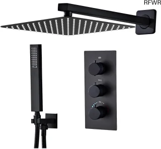 RFWR® Thermostatische Inbouwdoucheset Zwart met Hoofddouche en Handdouche 25 x 25 cm