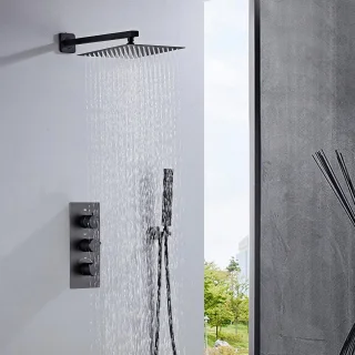 RFWR® Thermostatische Inbouwdoucheset Zwart met Hoofddouche en Handdouche 25 x 25 cm