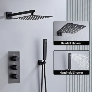 RFWR® Thermostatische Inbouwdoucheset Zwart met Hoofddouche en Handdouche 25 x 25 cm