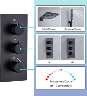 RFWR® Thermostatische Inbouwdoucheset Zwart met Hoofddouche en Handdouche 25 x 25 cm