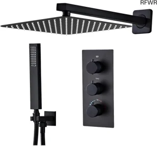 RFWR® Thermostatische Inbouwdoucheset Zwart met Hoofddouche en Handdouche 25 x 25 cm