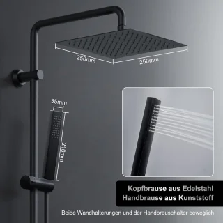 XL Regendouche Set 25x25 cm Zwart - Roestvrijstalen Douchesysteem zonder Armatuur