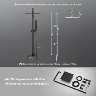 XL Regendouche Set 25x25 cm Zwart - Roestvrijstalen Douchesysteem zonder Armatuur