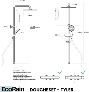 EcoRain© 30% Waterbesparende Regendouche Doucheset Tyler 30 CM Vierkant - Handdouche 12 CM - Hoge Druk - Universeel - Anti-Kalk Douchekop - 5 jaar garantie - Chroom