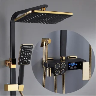 Thermostatische douchekraanset zwart goud-baddouchekraan-douchekop met handdouche-Digitale warm-koude douchekraan-regendouchekop-douchekop-doucherek