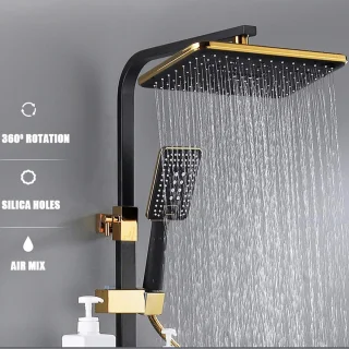 Thermostatische douchekraanset zwart goud-baddouchekraan-douchekop met handdouche-Digitale warm-koude douchekraan-regendouchekop-douchekop-doucherek