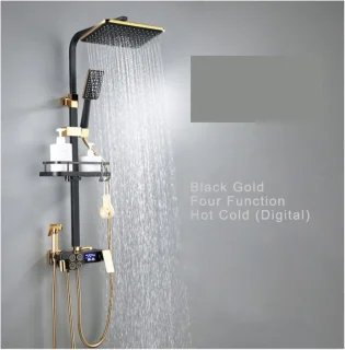 Thermostatische douchekraanset zwart goud-baddouchekraan-douchekop met handdouche-Digitale warm-koude douchekraan-regendouchekop-douchekop-doucherek