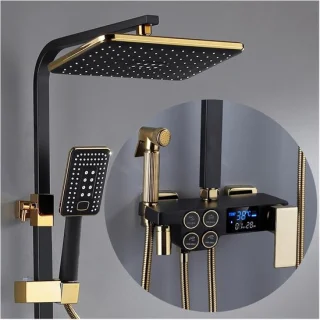 Thermostatische douchekraanset zwart goud-baddouchekraan-douchekop met handdouche-Digitale warm-koude douchekraan-regendouchekop-douchekop-doucherek