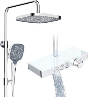 Douchesysteem thermostaat glazen plank chroom regendouche handdouche - complete set 26x26 cm - 3 straalsoorten - onderste uitloop regendouche zonder kraan
