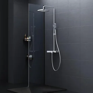 Douchesysteem thermostaat glazen plank chroom regendouche handdouche - complete set 26x26 cm - 3 straalsoorten - onderste uitloop regendouche zonder kraan