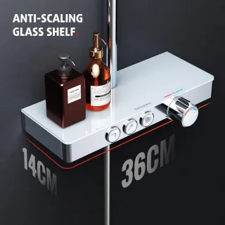 Douchesysteem thermostaat glazen plank chroom regendouche handdouche - complete set 26x26 cm - 3 straalsoorten - onderste uitloop regendouche zonder kraan