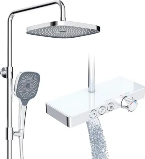 Douchesysteem thermostaat glazen plank chroom regendouche handdouche - complete set 26x26 cm - 3 straalsoorten - onderste uitloop regendouche zonder kraan