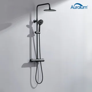 Auralum MAX Regendouche met Thermostaatkraan - Doucheset Zwart - Regendoucheset - Verstelbare Hoogte 84-121 cm - 9 inch Douchekop