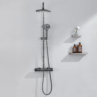 Auralum MAX Regendouche met Thermostaatkraan - Doucheset Zwart - Regendoucheset - Verstelbare Hoogte 84-121 cm - 9 inch Douchekop