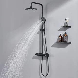 Auralum MAX Regendouche met Thermostaatkraan - Doucheset Zwart - Regendoucheset - Verstelbare Hoogte 84-121 cm - 9 inch Douchekop