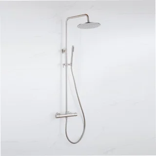 Fortifura Calvi Regendoucheset - thermostatisch - 30cm hoofddouche - gladde slang - staaf handdouche - Geborsteld RVS PVD
