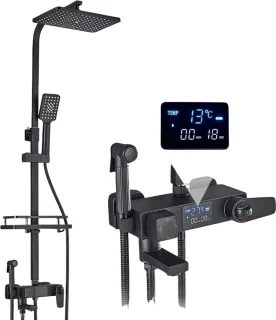 Seastone - Complete Doucheset – Regendouche - Handdouche - Bidet & Kraan - LED Temperatuur Display - Mat Zwart