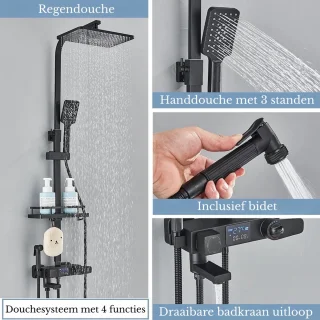 Seastone - Complete Doucheset – Regendouche - Handdouche - Bidet & Kraan - LED Temperatuur Display - Mat Zwart