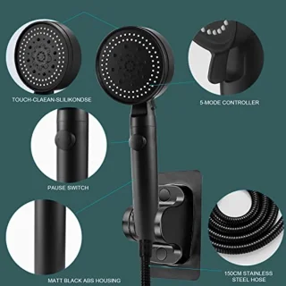 Waterbesparende Handdouche met 5 Straalsoorten en Flexibele Slanghouder