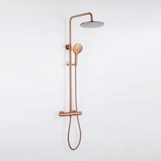 Fortifura Calvi Regendoucheset - thermostatisch - 25cm hoofddouche - metalen slang - ronde handdouche - Geborsteld koper PVD (Koper)