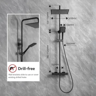 Zwarte Thermostaat Douchesysteem Set met 30 cm Regendouche, 6 Straalsoorten Handdouche en Verstelbare Douchestang
