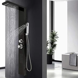 Thermostatische Douchekolom met Handdouche en 5 Waterstanden - Stijlvol Zwart Roestvrij Staal 130 cm