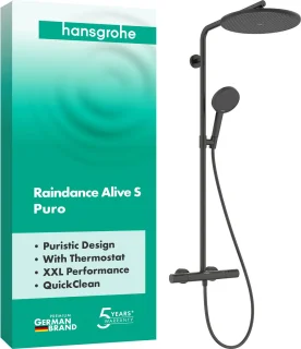 hansgrohe Raindance Alive S Puro - Showerpipe - Ecostat thermostaat - 300mm maat - 1 straalfunctie - Brushed Black Chrome