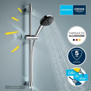 Douchestangset waterbesparend 8 l-per-minuut (3 straalsoorten lijmen of boren) vierkant chroom - Vitalio 110 - 26096001 - 60 cm regendouche zonder kraan